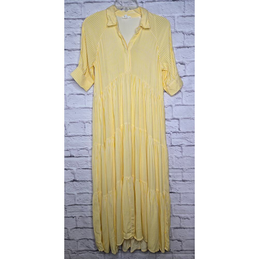 A Loves A Pinstripe Print Collar 3/4 Cuff Sleeve Tiered Midi Shirt Dress XS.